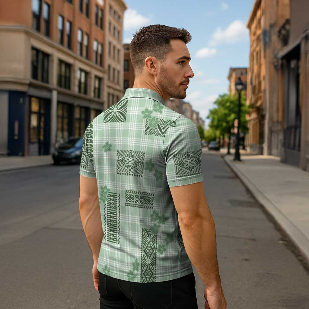 Hawaiian Quilt Tapa On Pastel Mint Palaka Motifs Zipper Polo Shirt