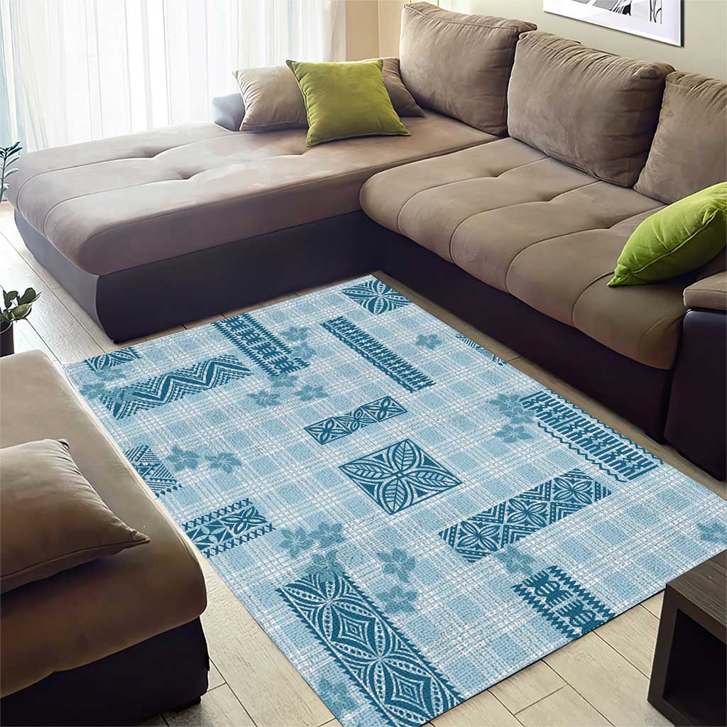 Hawaiian Quilt Tapa On Cold Blue Palaka Motifs Area Rug