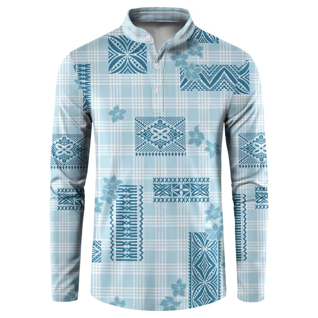 Hawaiian Quilt Tapa On Cold Blue Palaka Motifs Button Sweatshirt