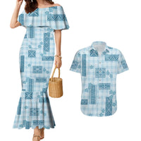 Hawaiian Quilt Tapa On Cold Blue Palaka Motifs Couples Matching Mermaid Dress and Hawaiian Shirt LT7 Azure - Polynesian Pride