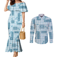 Hawaiian Quilt Tapa On Cold Blue Palaka Motifs Couples Matching Mermaid Dress and Long Sleeve Button Shirt LT7 Azure - Polynesian Pride