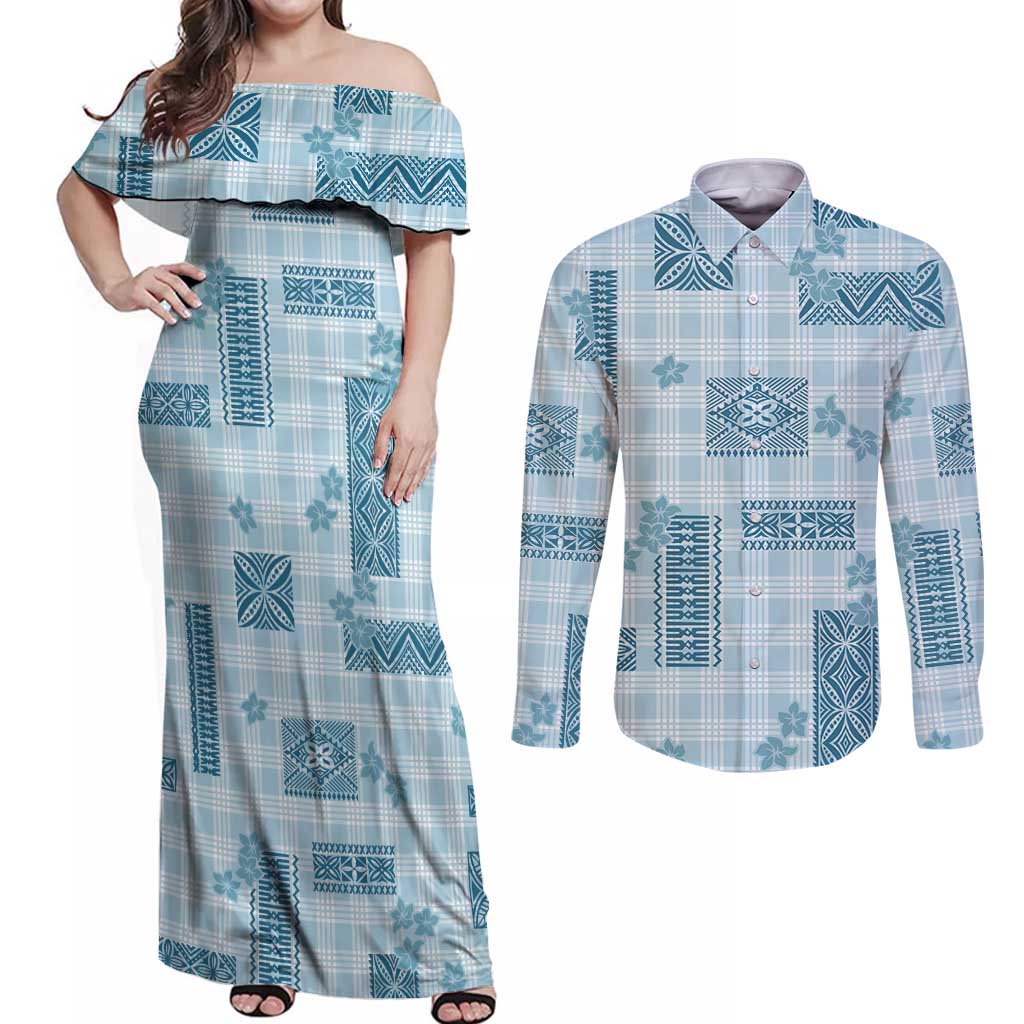 Hawaiian Quilt Tapa On Cold Blue Palaka Motifs Couples Matching Off Shoulder Maxi Dress and Long Sleeve Button Shirt LT7 Azure - Polynesian Pride