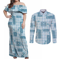 Hawaiian Quilt Tapa On Cold Blue Palaka Motifs Couples Matching Off Shoulder Maxi Dress and Long Sleeve Button Shirt LT7 Azure - Polynesian Pride