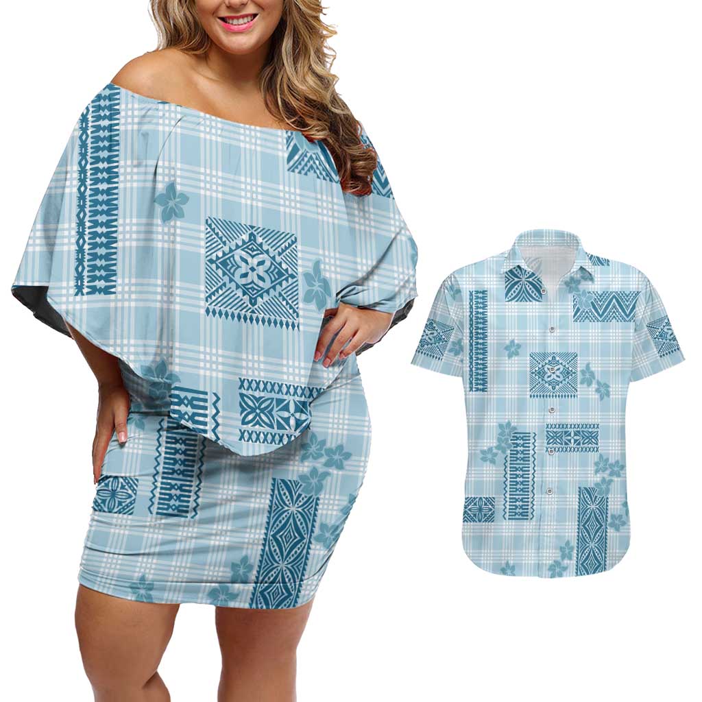 Hawaiian Quilt Tapa On Cold Blue Palaka Motifs Couples Matching Off Shoulder Short Dress and Hawaiian Shirt LT7 Azure - Polynesian Pride