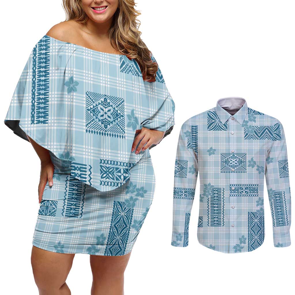 Hawaiian Quilt Tapa On Cold Blue Palaka Motifs Couples Matching Off Shoulder Short Dress and Long Sleeve Button Shirt LT7 Azure - Polynesian Pride