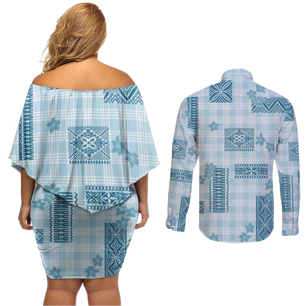 Hawaiian Quilt Tapa On Cold Blue Palaka Motifs Couples Matching Off Shoulder Short Dress and Long Sleeve Button Shirt LT7 - Polynesian Pride