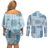 Hawaiian Quilt Tapa On Cold Blue Palaka Motifs Couples Matching Off Shoulder Short Dress and Long Sleeve Button Shirt LT7 - Polynesian Pride