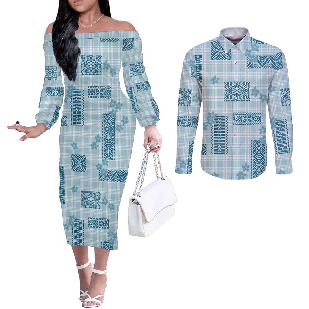 Hawaiian Quilt Tapa On Cold Blue Palaka Motifs Couples Matching Off The Shoulder Long Sleeve Dress and Long Sleeve Button Shirt LT7 Azure - Polynesian Pride