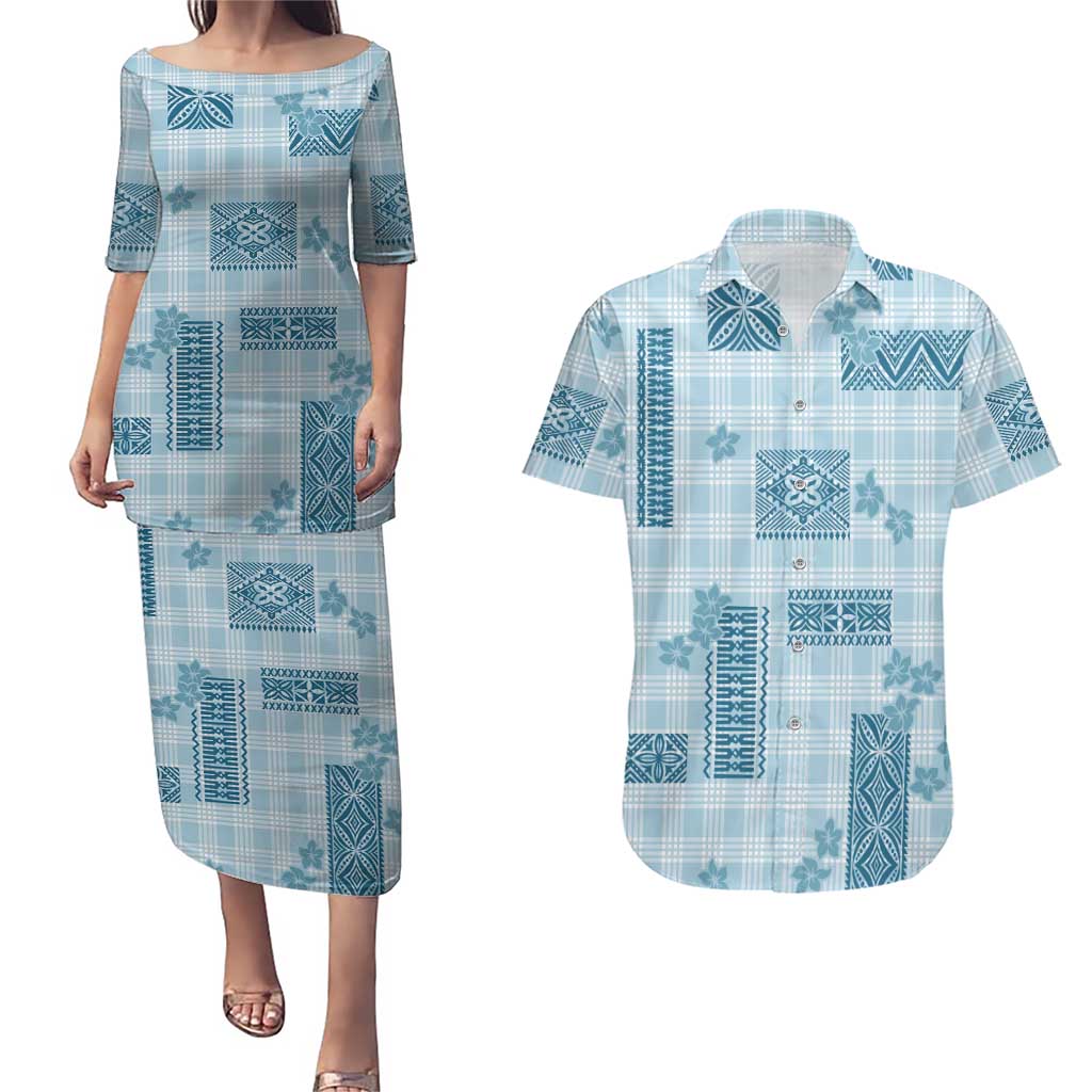 Hawaiian Quilt Tapa On Cold Blue Palaka Motifs Couples Matching Puletasi and Hawaiian Shirt