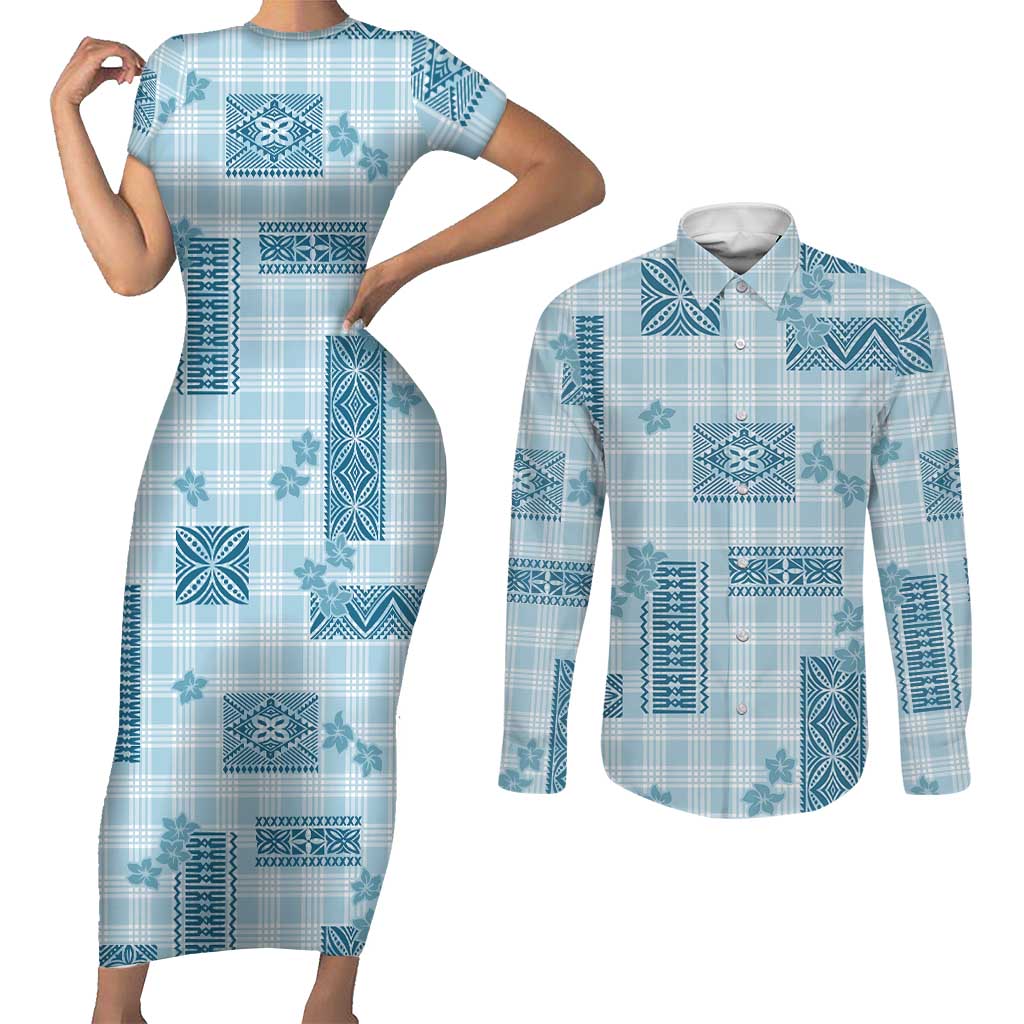 Hawaiian Quilt Tapa On Cold Blue Palaka Motifs Couples Matching Short Sleeve Bodycon Dress and Long Sleeve Button Shirt LT7 Azure - Polynesian Pride