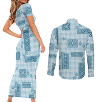 Hawaiian Quilt Tapa On Cold Blue Palaka Motifs Couples Matching Short Sleeve Bodycon Dress and Long Sleeve Button Shirt LT7 - Polynesian Pride