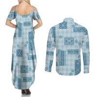 Hawaiian Quilt Tapa On Cold Blue Palaka Motifs Couples Matching Summer Maxi Dress and Long Sleeve Button Shirt LT7 - Polynesian Pride