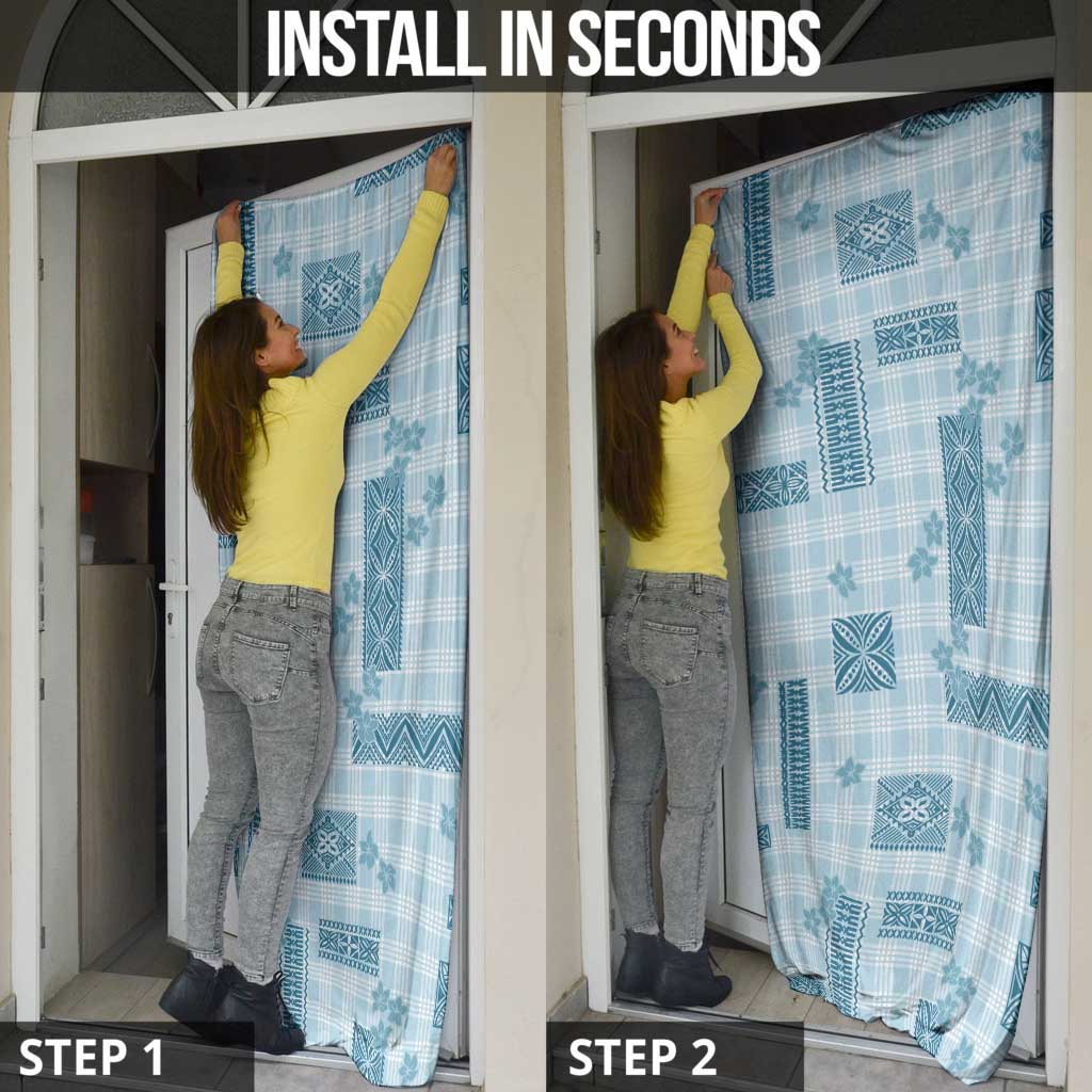 Hawaiian Quilt Tapa On Cold Blue Palaka Motifs Door Cover