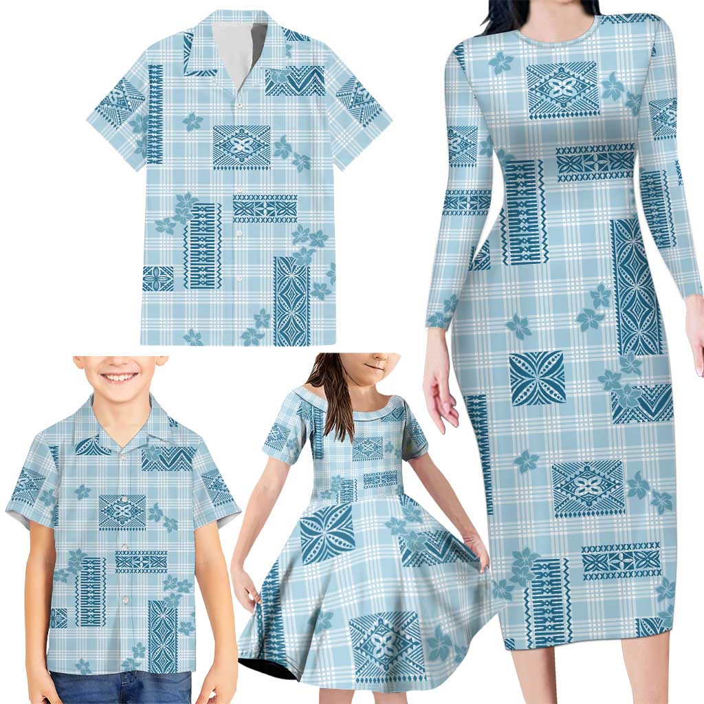 Hawaiian Quilt Tapa On Cold Blue Palaka Motifs Family Matching Long Sleeve Bodycon Dress and Hawaiian Shirt LT7 - Polynesian Pride