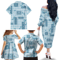 Hawaiian Quilt Tapa On Cold Blue Palaka Motifs Family Matching Off The Shoulder Long Sleeve Dress and Hawaiian Shirt LT7 - Polynesian Pride