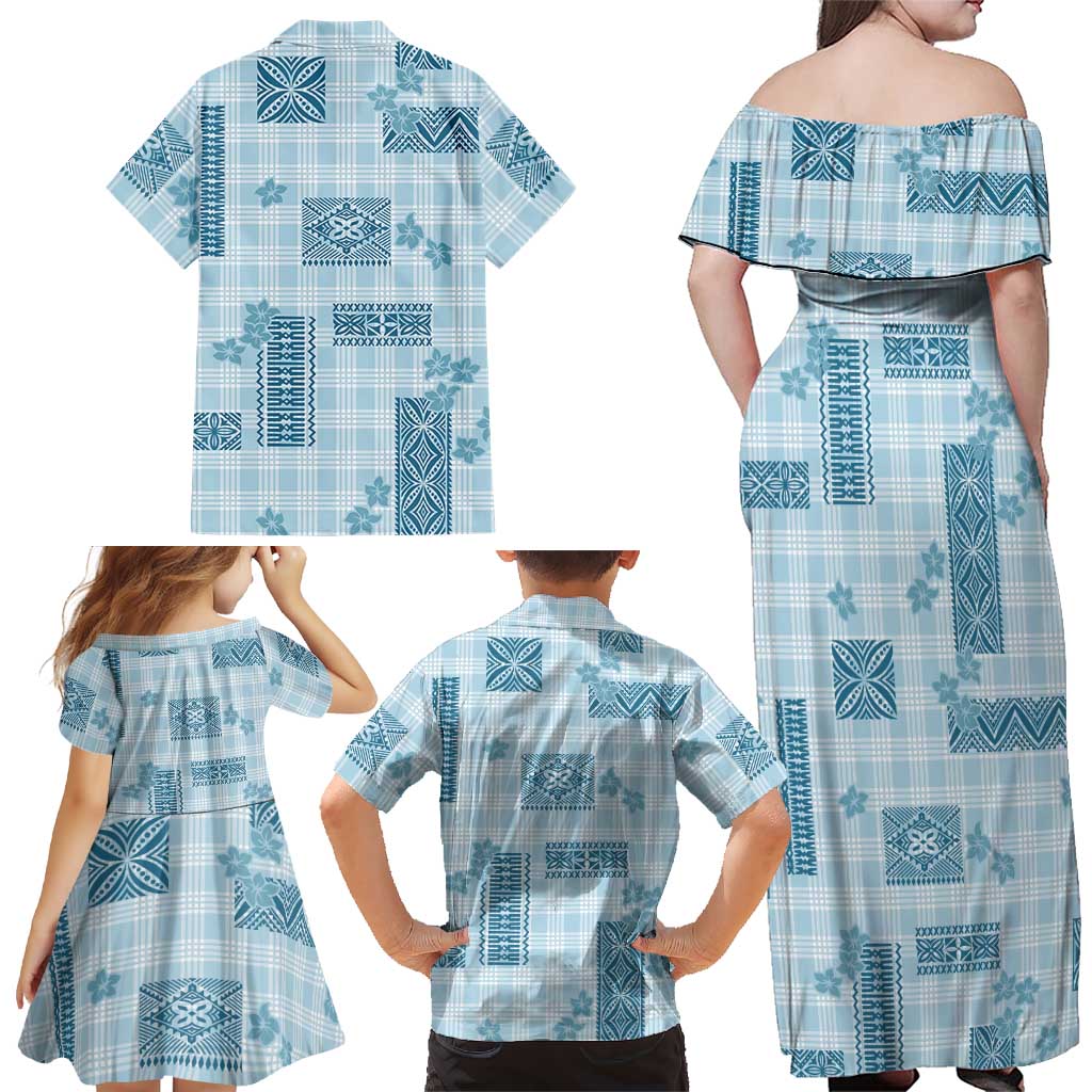 Hawaiian Quilt Tapa On Cold Blue Palaka Motifs Family Matching Off Shoulder Maxi Dress and Hawaiian Shirt LT7 - Polynesian Pride
