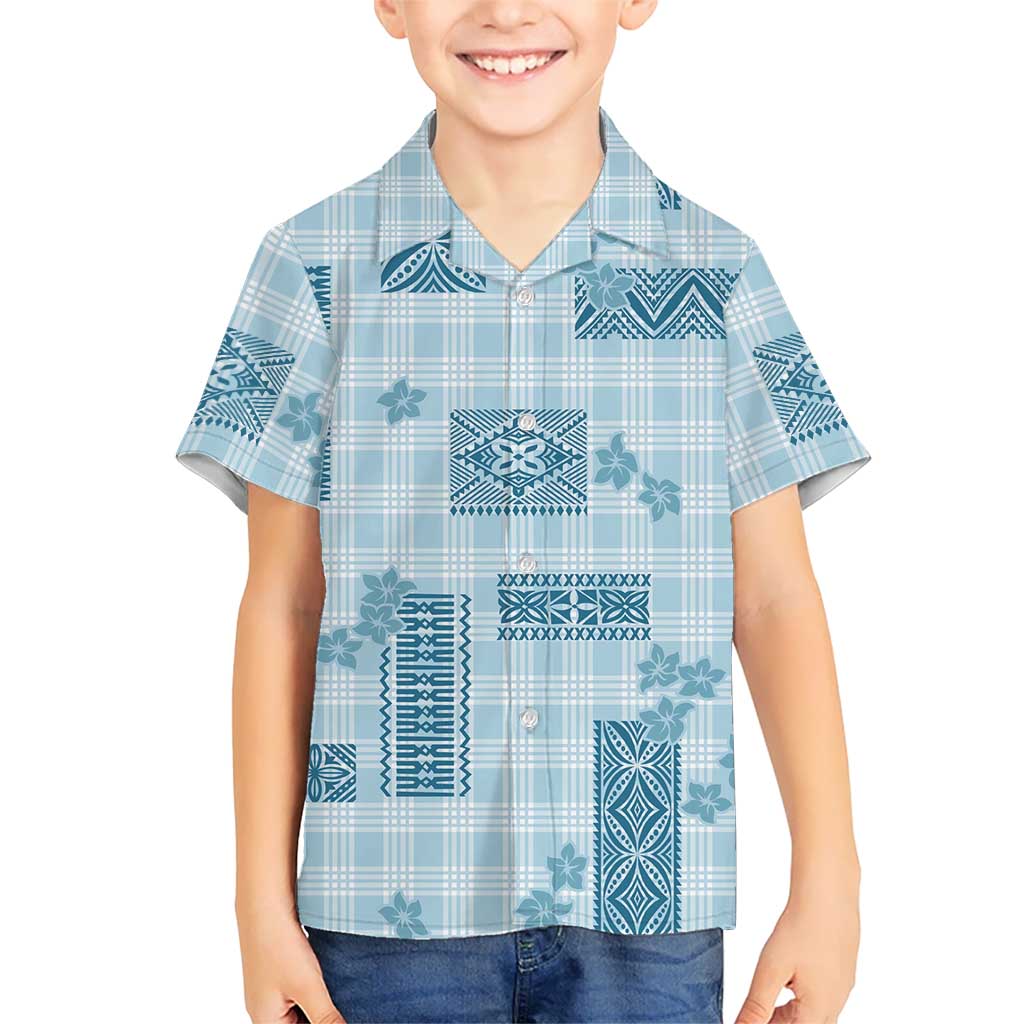 Hawaiian Quilt Tapa On Cold Blue Palaka Motifs Family Matching Off Shoulder Maxi Dress and Hawaiian Shirt LT7 Son's Shirt Azure - Polynesian Pride