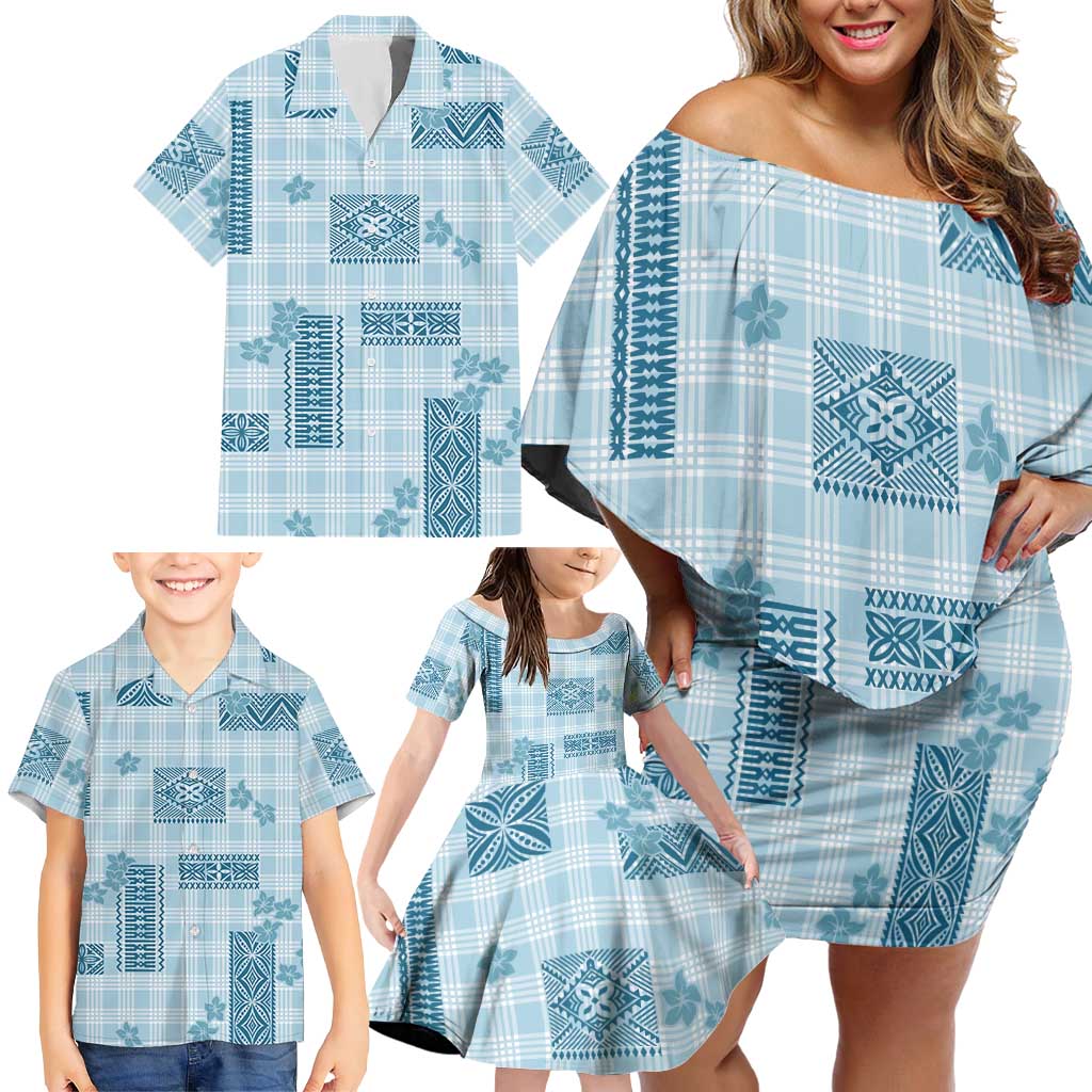 Hawaiian Quilt Tapa On Cold Blue Palaka Motifs Family Matching Off Shoulder Short Dress and Hawaiian Shirt