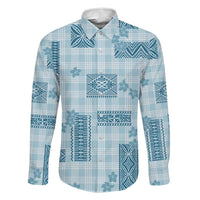 Hawaiian Quilt Tapa On Cold Blue Palaka Motifs Family Matching Off Shoulder Short Dress and Hawaiian Shirt LT7 Dad's Shirt - Long Sleeve Azure - Polynesian Pride