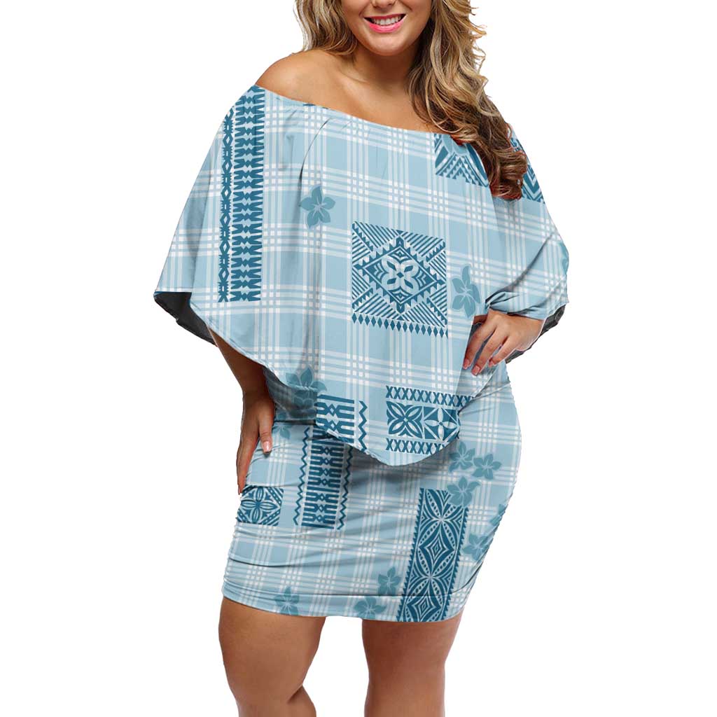 Hawaiian Quilt Tapa On Cold Blue Palaka Motifs Family Matching Off Shoulder Short Dress and Hawaiian Shirt LT7 Mom's Dress Azure - Polynesian Pride