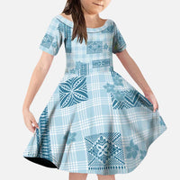 Hawaiian Quilt Tapa On Cold Blue Palaka Motifs Family Matching Puletasi and Hawaiian Shirt LT7 Daughter's Dress Azure - Polynesian Pride