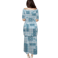 Hawaiian Quilt Tapa On Cold Blue Palaka Motifs Family Matching Puletasi and Hawaiian Shirt LT7 - Polynesian Pride