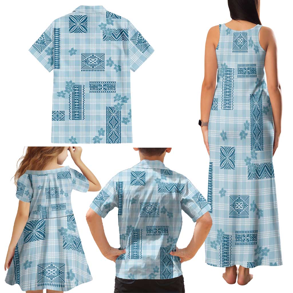 Hawaiian Quilt Tapa On Cold Blue Palaka Motifs Family Matching Tank Maxi Dress and Hawaiian Shirt LT7 - Polynesian Pride