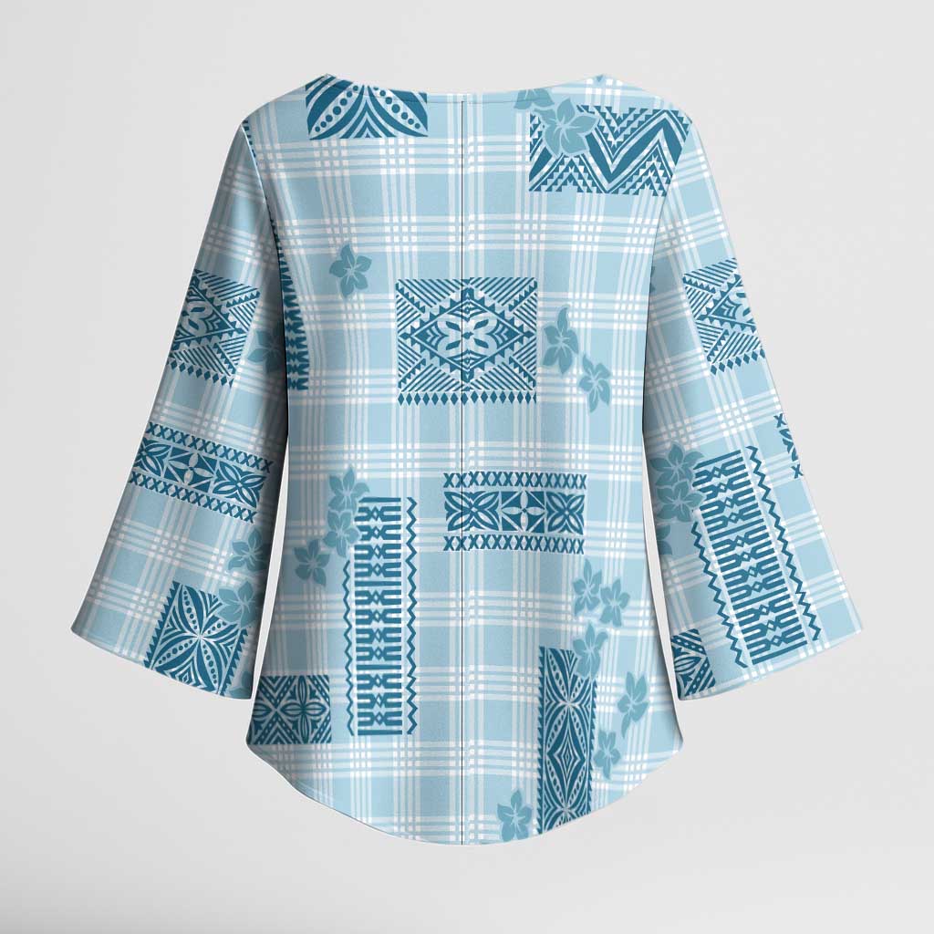 Hawaiian Quilt Tapa On Cold Blue Palaka Motifs Kimono Sleeve Blouse