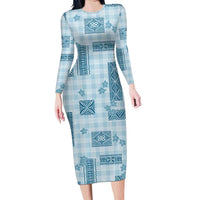 Hawaiian Quilt Tapa On Cold Blue Palaka Motifs Long Sleeve Bodycon Dress