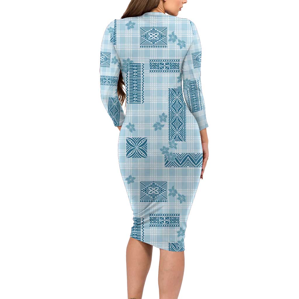 Hawaiian Quilt Tapa On Cold Blue Palaka Motifs Long Sleeve Bodycon Dress