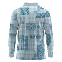 Hawaiian Quilt Tapa On Cold Blue Palaka Motifs Long Sleeve Polo Shirt