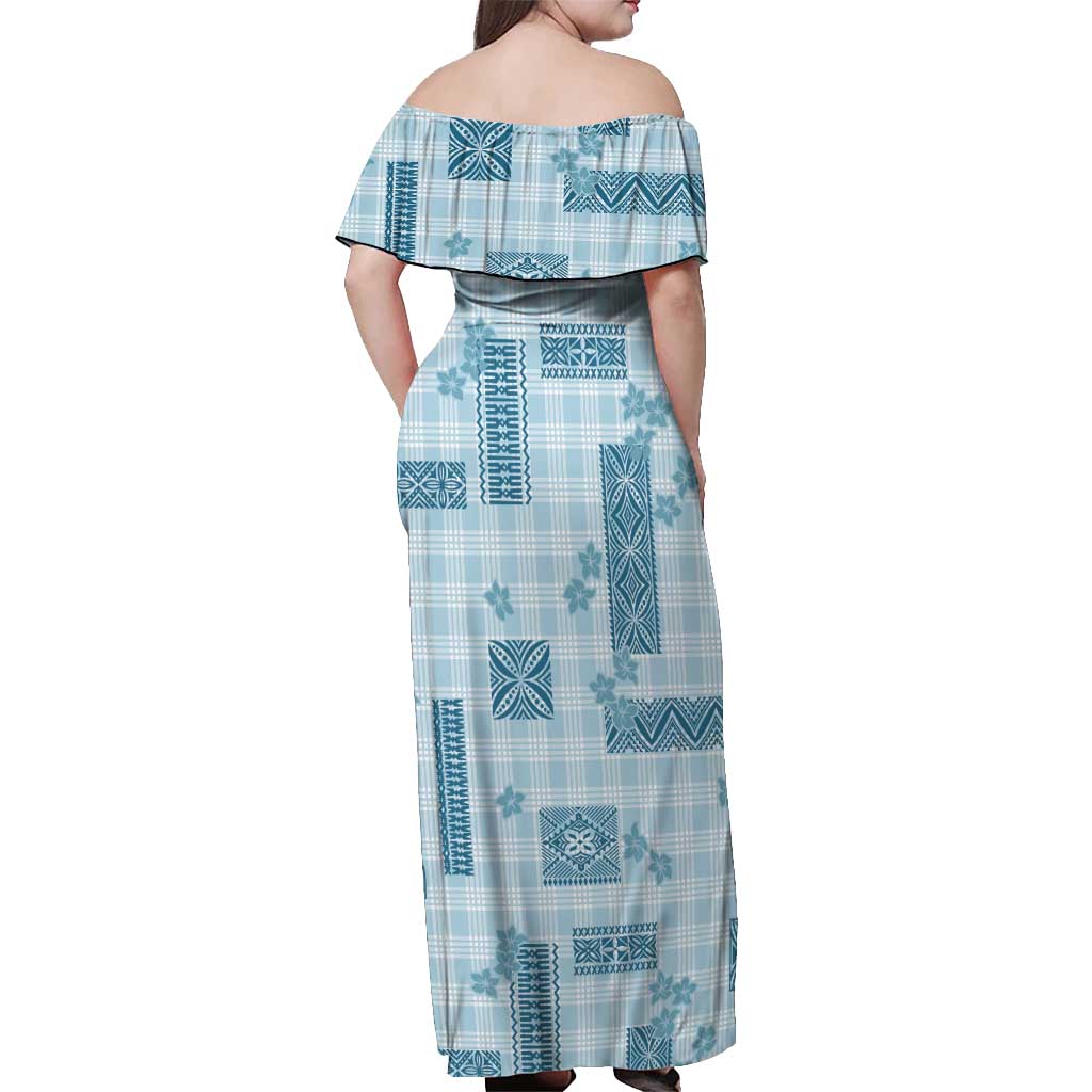 Hawaiian Quilt Tapa On Cold Blue Palaka Motifs Off Shoulder Maxi Dress