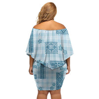 Hawaiian Quilt Tapa On Cold Blue Palaka Motifs Off Shoulder Short Dress