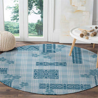 Hawaiian Quilt Tapa On Cold Blue Palaka Motifs Round Carpet