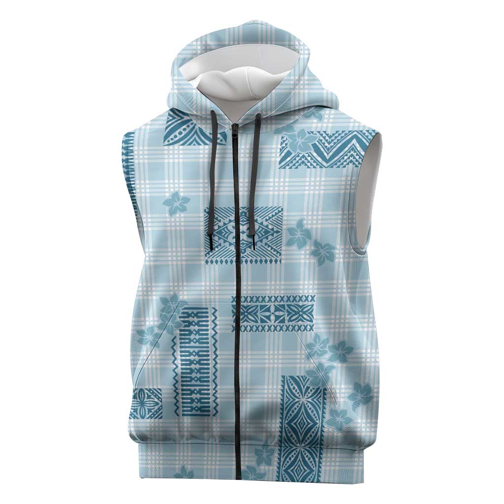 Hawaiian Quilt Tapa On Cold Blue Palaka Motifs Sleeveless Zip Hoodie