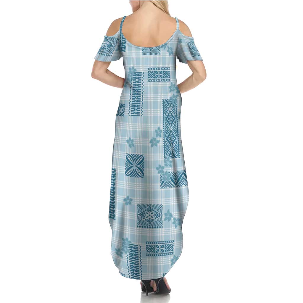 Hawaiian Quilt Tapa On Cold Blue Palaka Motifs Summer Maxi Dress