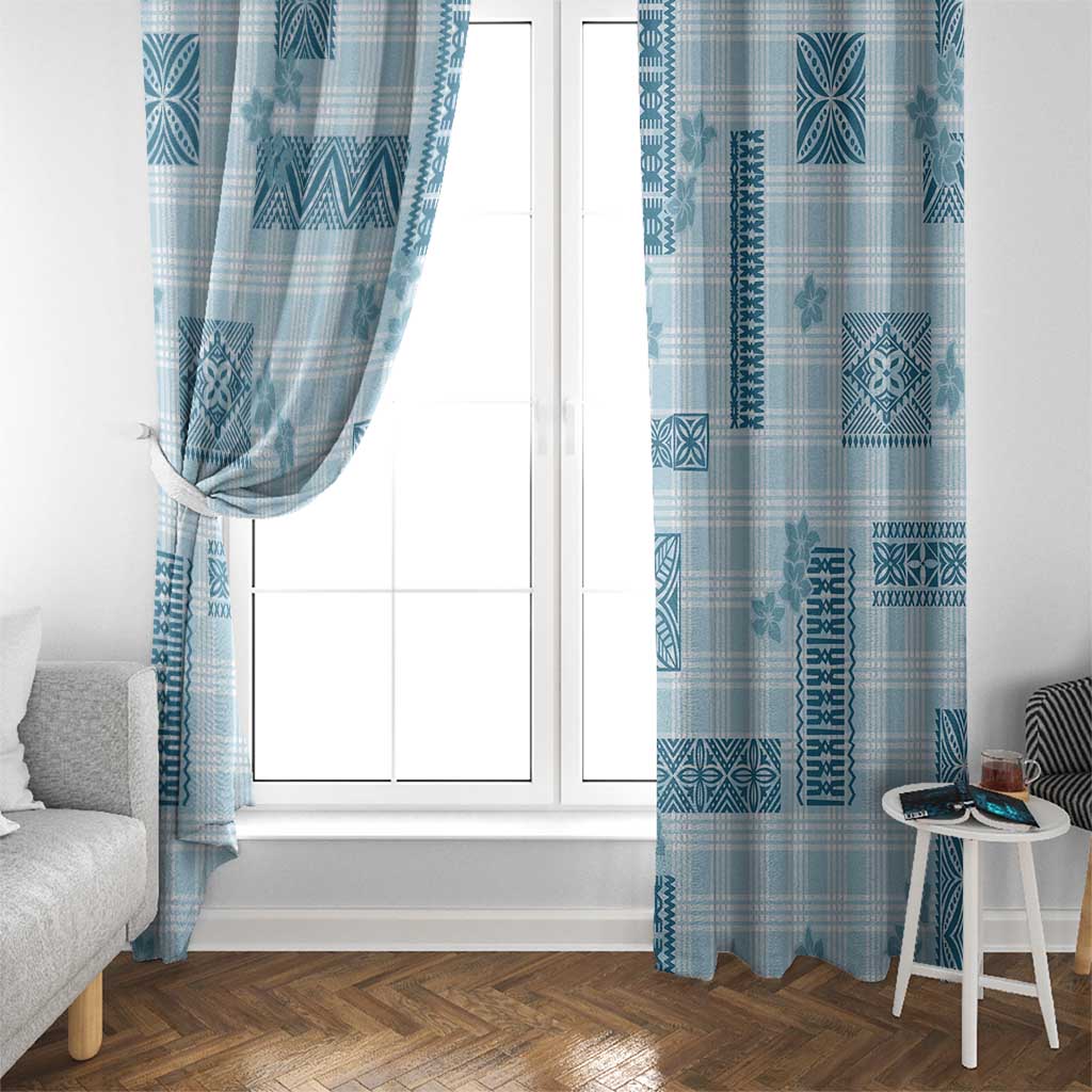 Hawaiian Quilt Tapa On Cold Blue Palaka Motifs Window Curtain