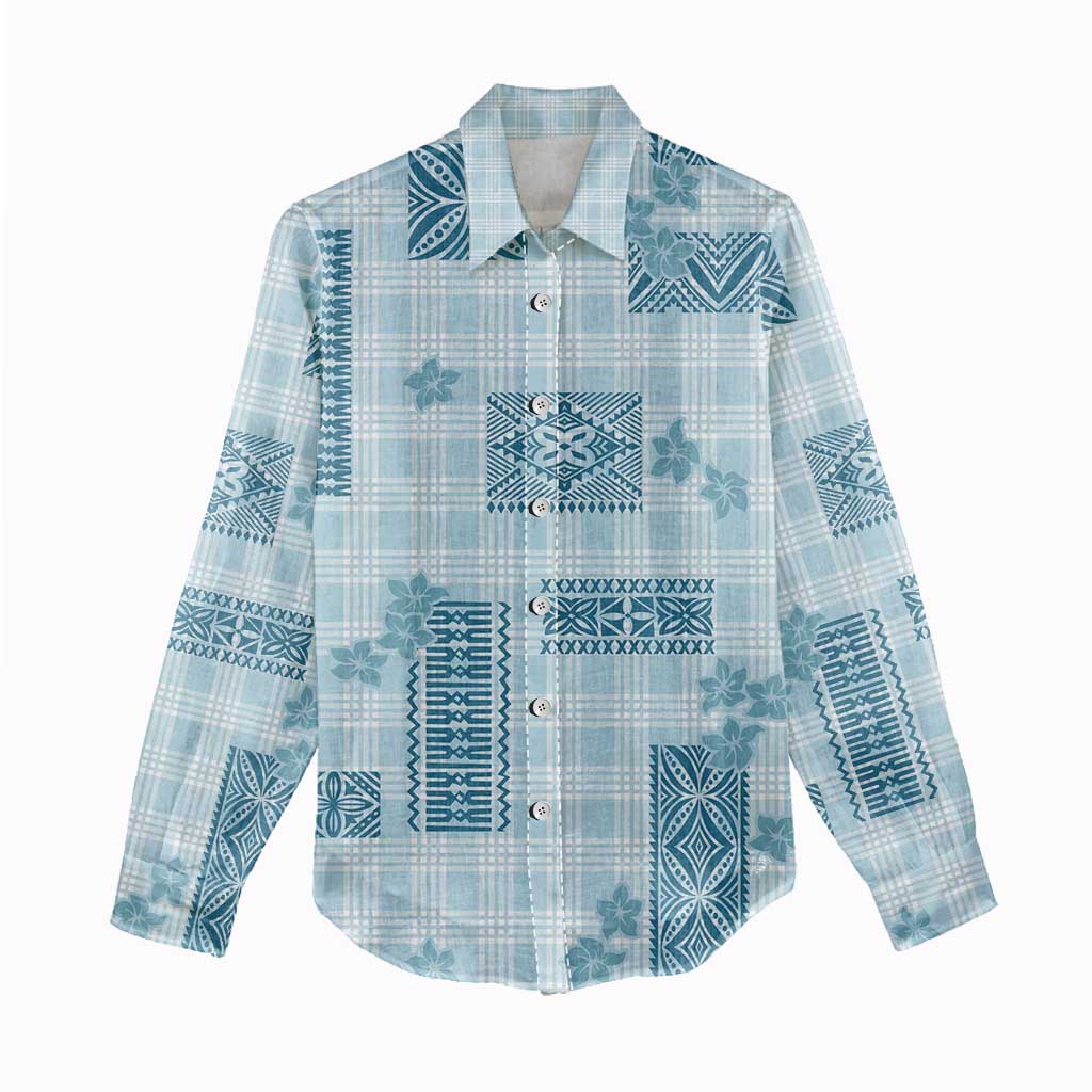 Hawaiian Quilt Tapa On Cold Blue Palaka Motifs Women Casual Shirt
