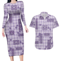 Hawaiian Quilt Tapa On Lilac Palaka Motifs Couples Matching Long Sleeve Bodycon Dress and Hawaiian Shirt LT7 Lilac - Polynesian Pride