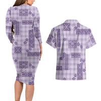 Hawaiian Quilt Tapa On Lilac Palaka Motifs Couples Matching Long Sleeve Bodycon Dress and Hawaiian Shirt LT7 - Polynesian Pride
