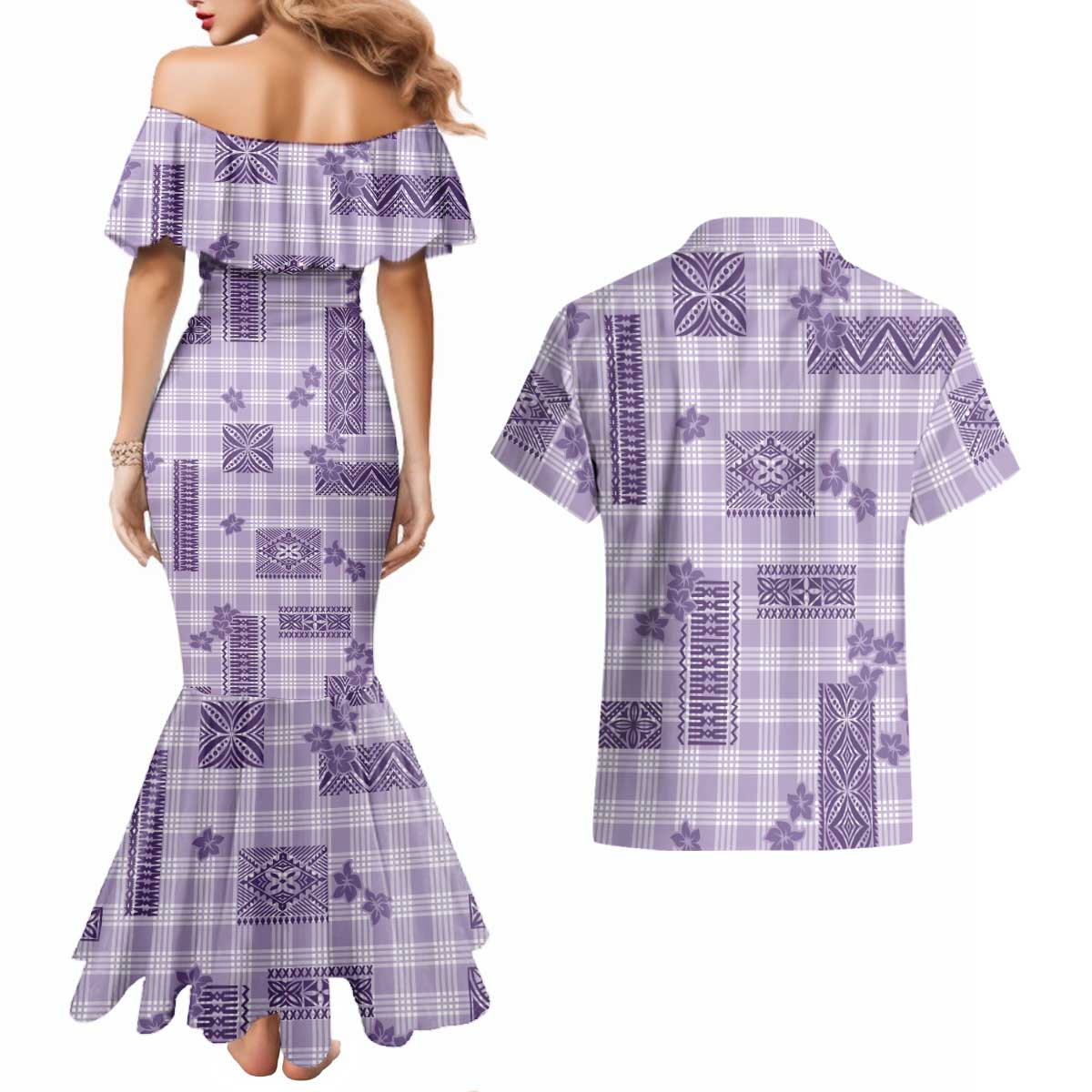 Hawaiian Quilt Tapa On Lilac Palaka Motifs Couples Matching Mermaid Dress and Hawaiian Shirt LT7 - Polynesian Pride