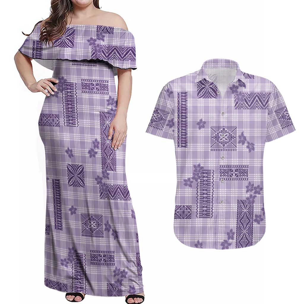 Hawaiian Quilt Tapa On Lilac Palaka Motifs Couples Matching Off Shoulder Maxi Dress and Hawaiian Shirt LT7 Lilac - Polynesian Pride