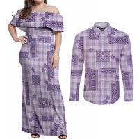 Hawaiian Quilt Tapa On Lilac Palaka Motifs Couples Matching Off Shoulder Maxi Dress and Long Sleeve Button Shirt LT7 Lilac - Polynesian Pride