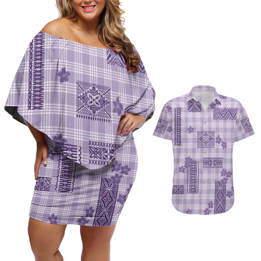 Hawaiian Quilt Tapa On Lilac Palaka Motifs Couples Matching Off Shoulder Short Dress and Hawaiian Shirt LT7 Lilac - Polynesian Pride