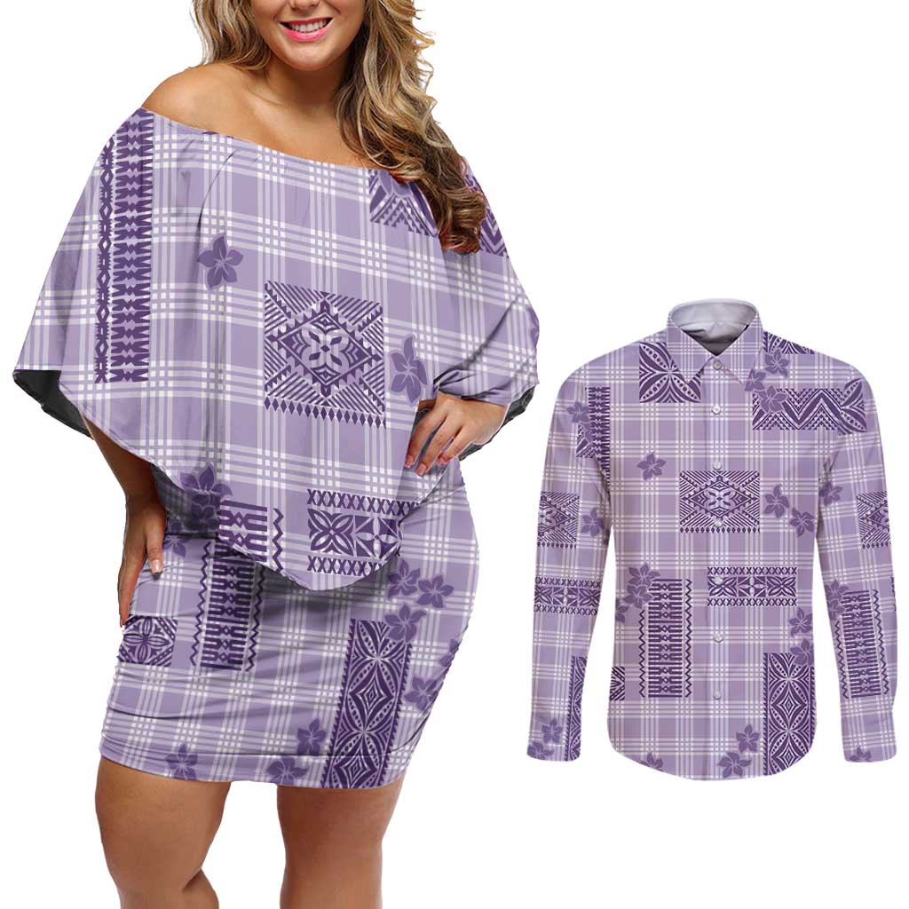 Hawaiian Quilt Tapa On Lilac Palaka Motifs Couples Matching Off Shoulder Short Dress and Long Sleeve Button Shirt LT7 Lilac - Polynesian Pride