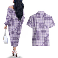 Hawaiian Quilt Tapa On Lilac Palaka Motifs Couples Matching Off The Shoulder Long Sleeve Dress and Hawaiian Shirt LT7 - Polynesian Pride