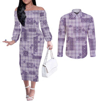 Hawaiian Quilt Tapa On Lilac Palaka Motifs Couples Matching Off The Shoulder Long Sleeve Dress and Long Sleeve Button Shirt LT7 Lilac - Polynesian Pride
