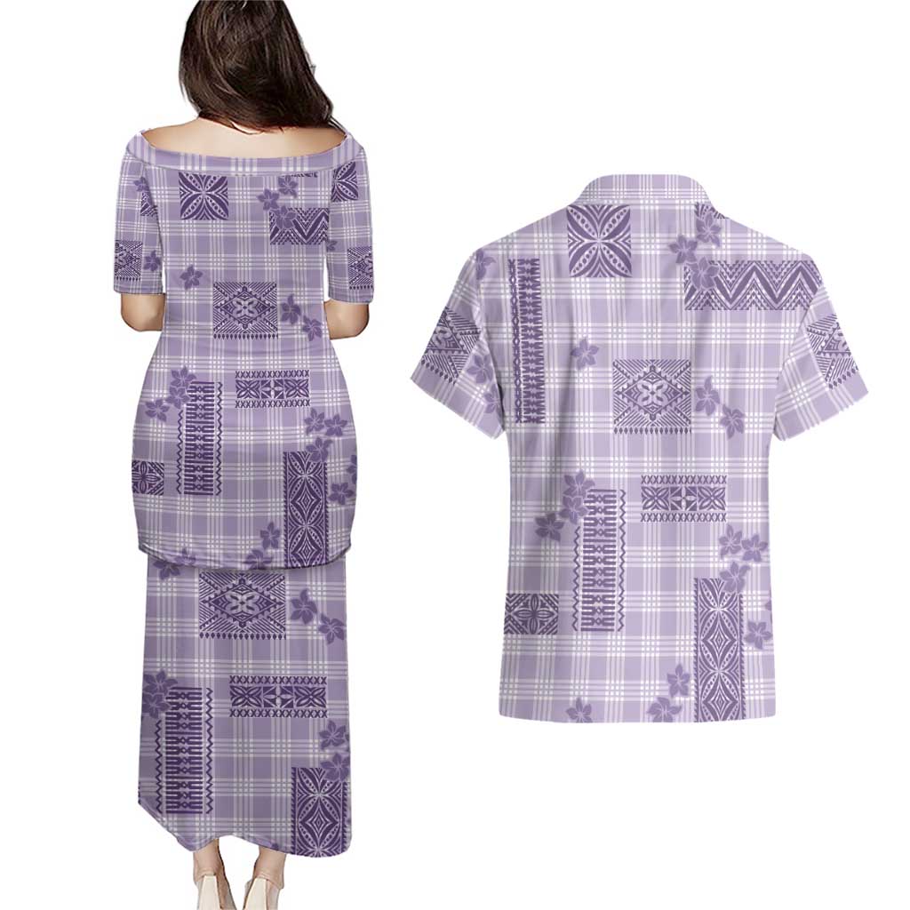 Hawaiian Quilt Tapa On Lilac Palaka Motifs Couples Matching Puletasi and Hawaiian Shirt LT7 - Polynesian Pride