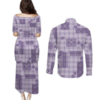 Hawaiian Quilt Tapa On Lilac Palaka Motifs Couples Matching Puletasi and Long Sleeve Button Shirt LT7 - Polynesian Pride