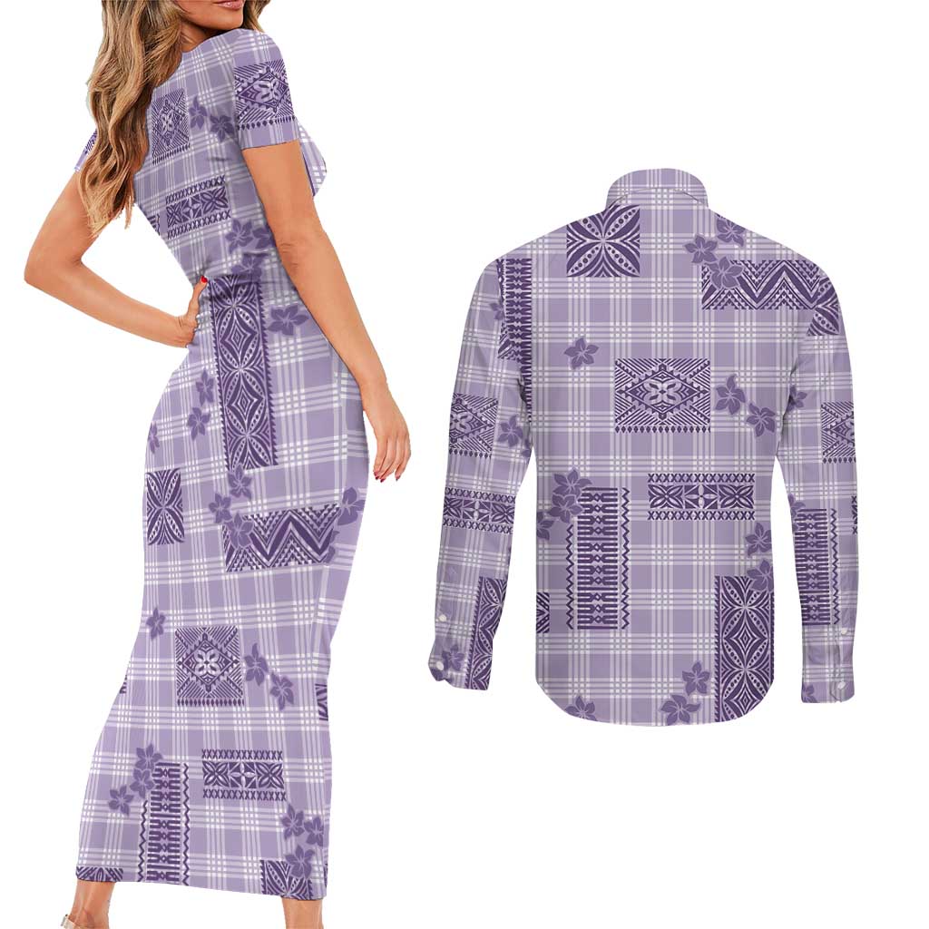 Hawaiian Quilt Tapa On Lilac Palaka Motifs Couples Matching Short Sleeve Bodycon Dress and Long Sleeve Button Shirt LT7 - Polynesian Pride